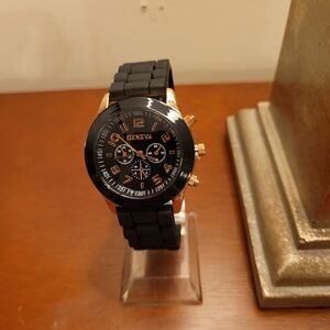 Brand New Black & Rose Gold Geneva Women's Silicone Watch